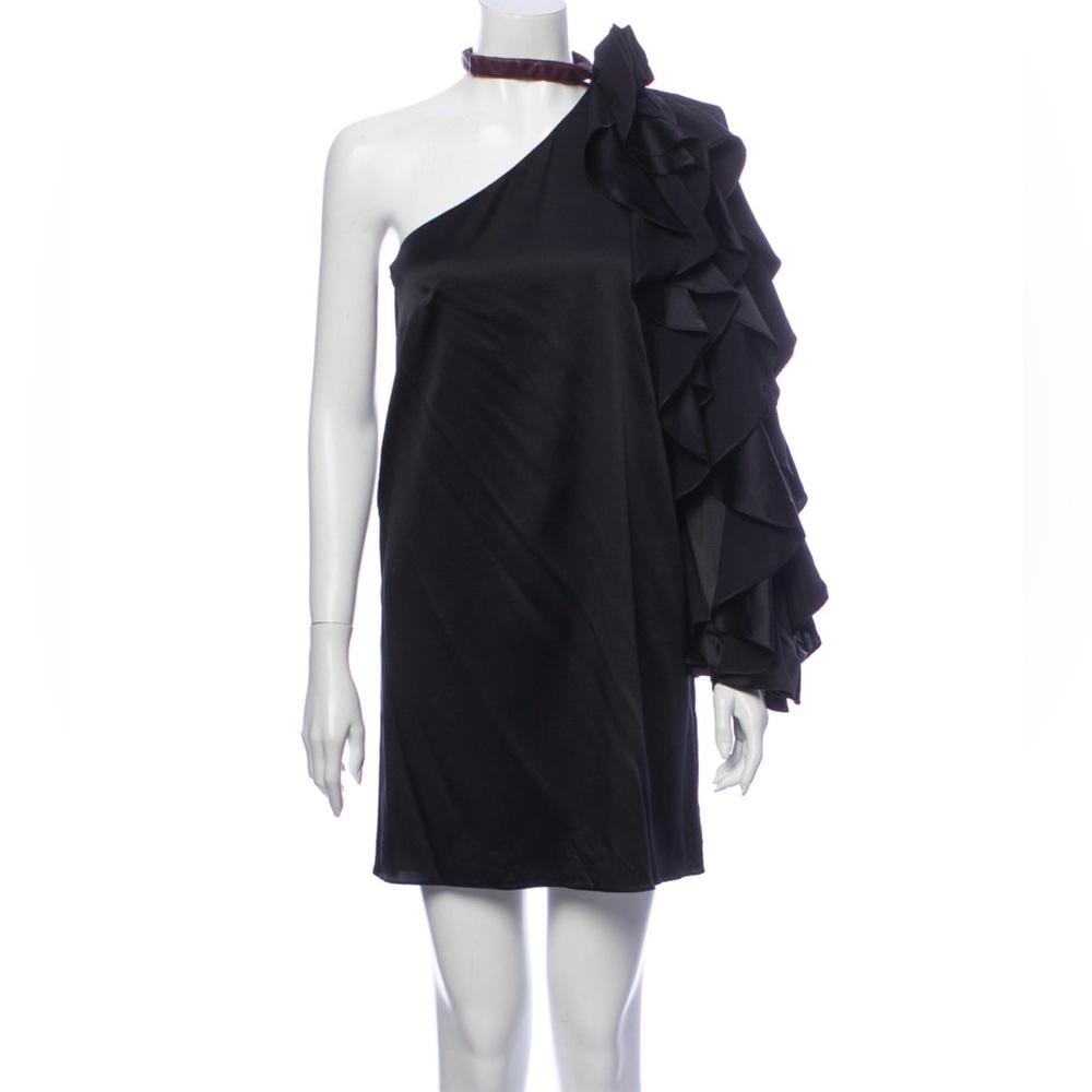 Ramy Brook One-Shoulder/Asymmetrical Ruffled Sleeve Silk Dress